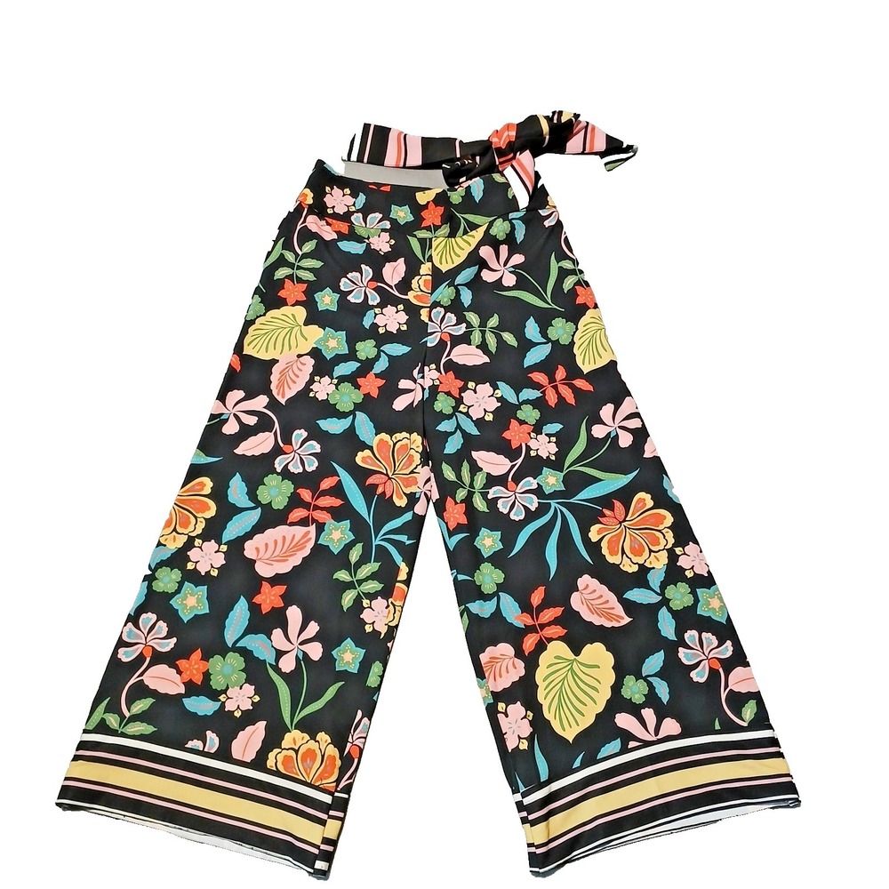7th Ave Design‎ Studio Capri Wide Leg Pants Size M Hawaiian Floral Print Black